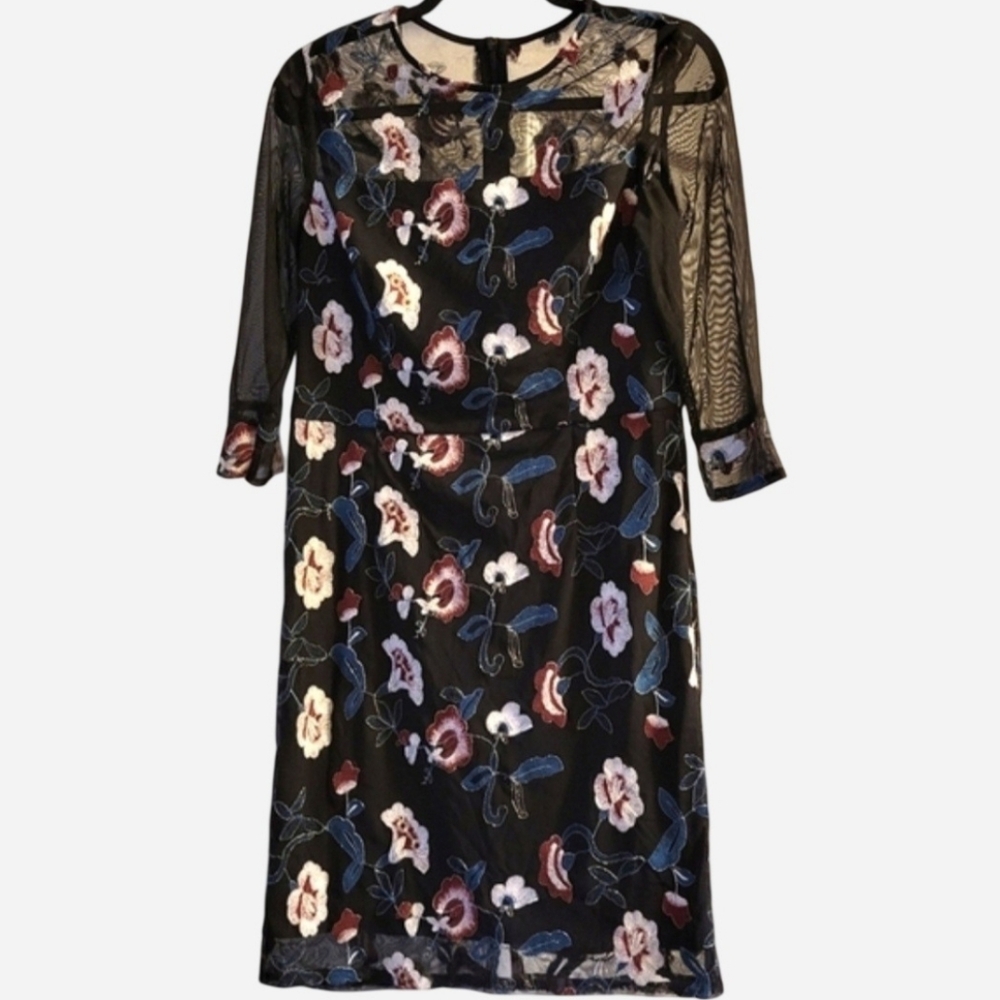 Donna Ricco Black Dress Floral Mesh Flower 6 Red Blue Formal Classic Style